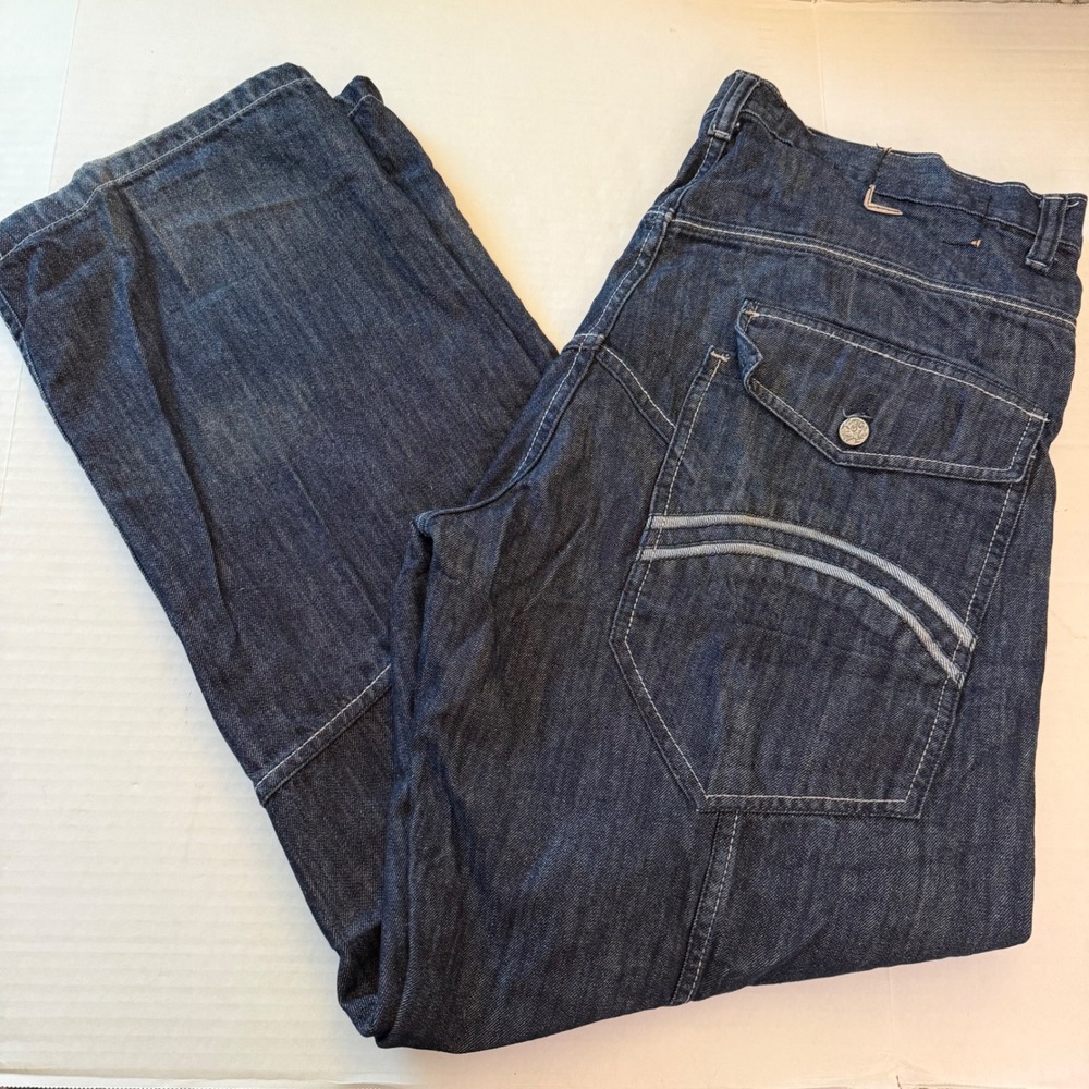Red Ape Authentic Mens Baggy Dark Wash Denim Jeans 38x32 Contrast Stitch Y2K